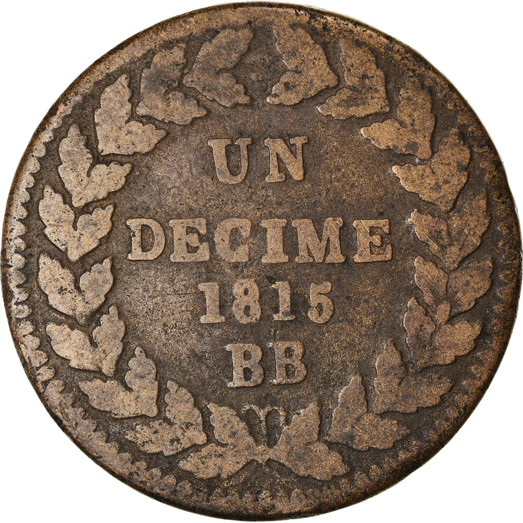 Moneta, Francia, Louis XVIII, Decime, 1815, Strasbourg, MB, Bronzo, KM:701