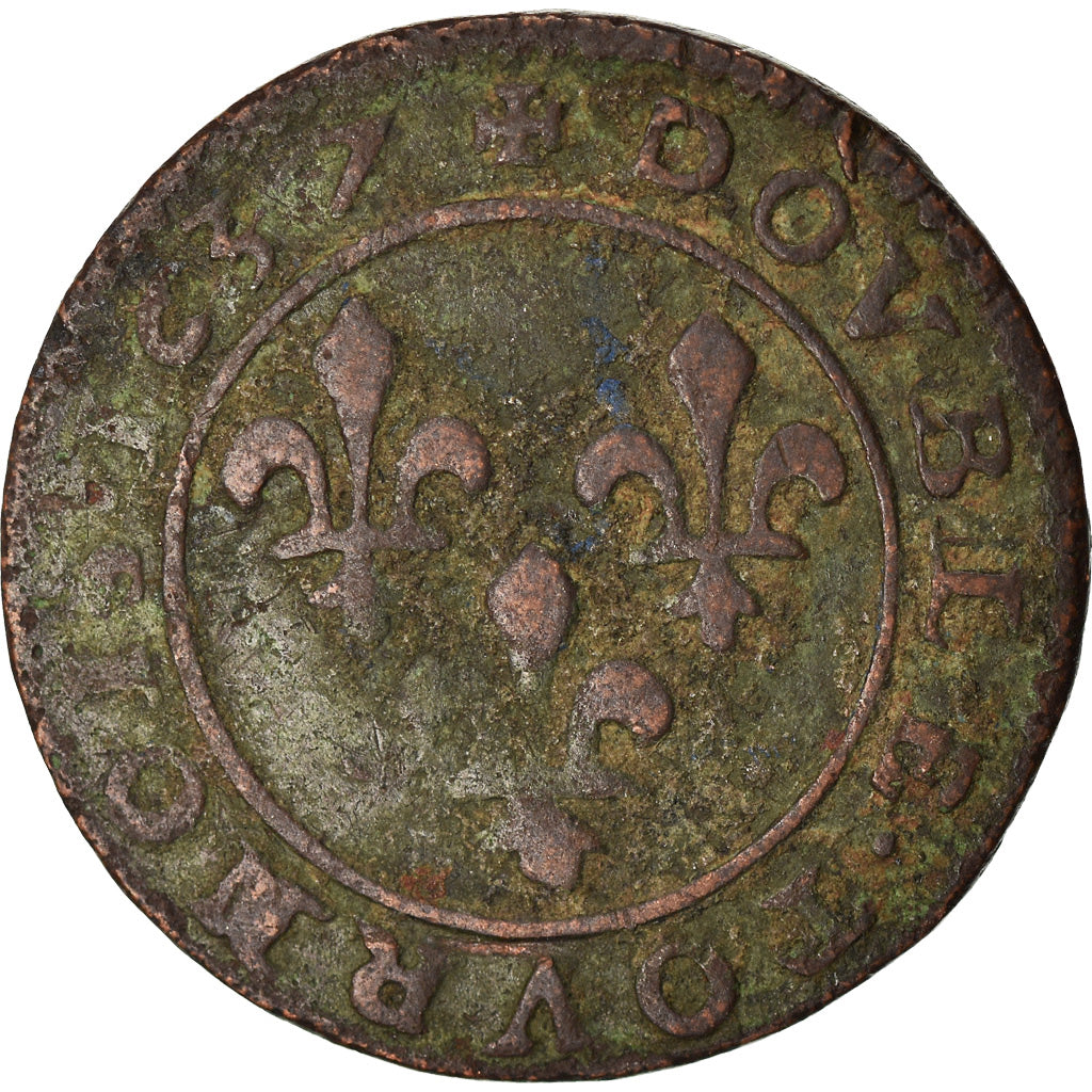 Coin, France, Louis XIII, Double Tournois, 1637, Vallée du Rhône, VF(30-35)