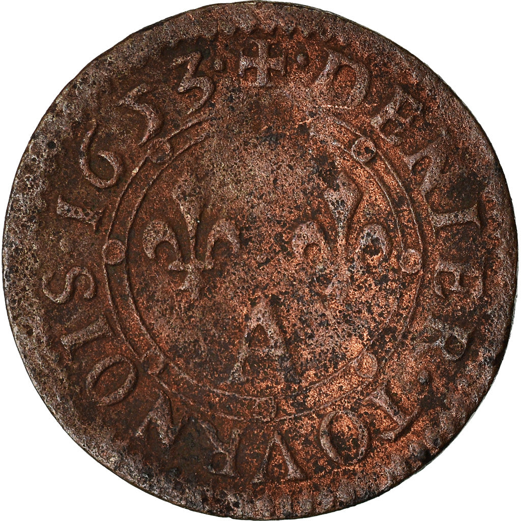 Monnaie, France, Ardennes, Charles II, Denier Tournois, 1653, Charleville, TB+