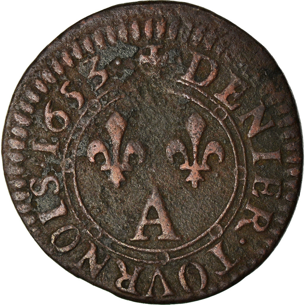Moneta, Francia, Ardennes, Charles II, Denier Tournois, 1653, Charleville, MB+