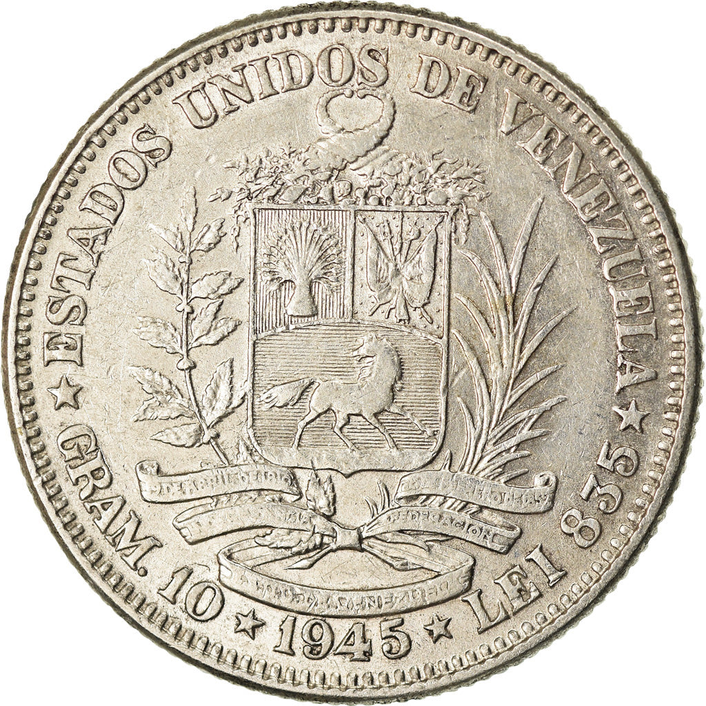 Moneda, Venezuela, Gram 10, 2 Bolivares, 1945, Philadelphia, MBC+, Plata, KM:23a