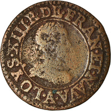 Moeda, França, Louis XIII, Double Tournois, 1615, Paris, VF(20-25), Cobre