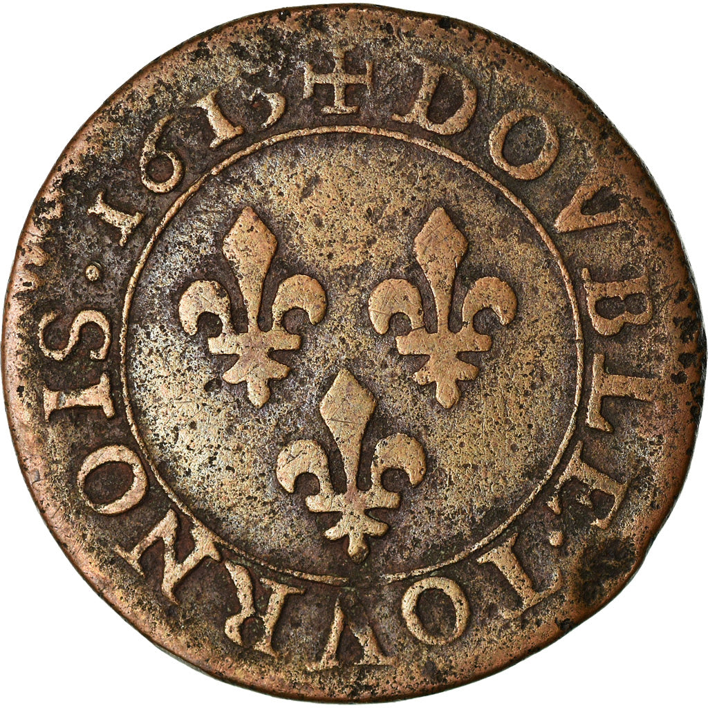 Moeda, França, Louis XIII, Double Tournois, 1615, Paris, VF(20-25), Cobre