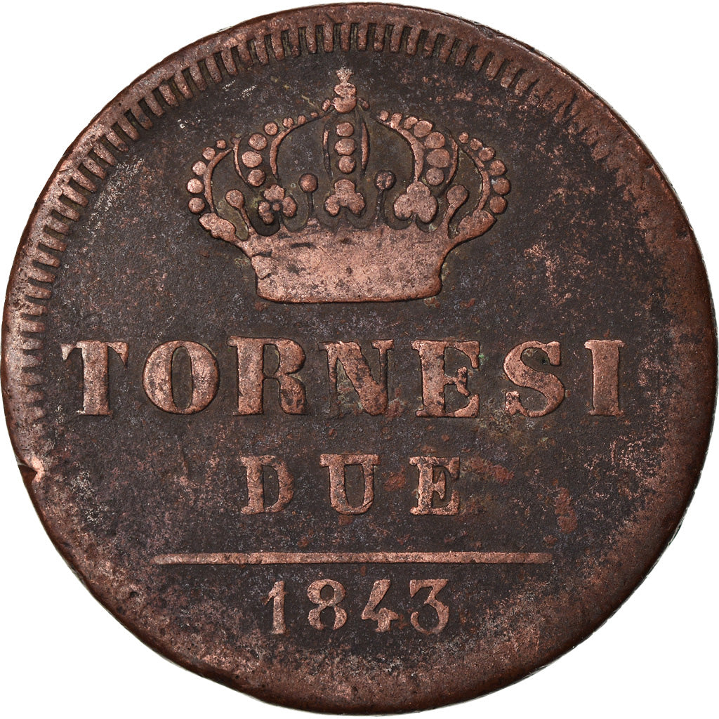 Moneta, STATI ITALIANI, NAPLES, Ferdinando II, 2 Tornesi, 1843, MB, Rame, KM:327
