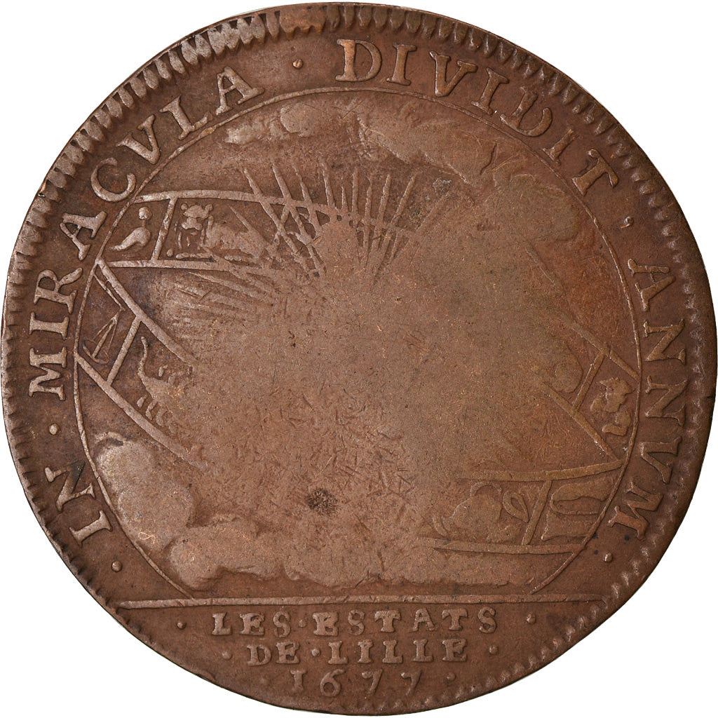 França, Token, Monarquia, Luís XIV, États de Lille, 1677, VF(20-25), Cobre