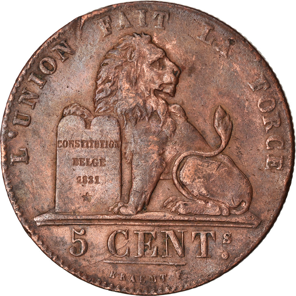 Moneta, Belgio, Leopold I, 5 Centimes, 1852, BB, Rame, KM:5.1