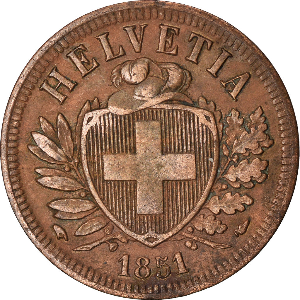 Coin, Switzerland, 2 Rappen, 1851, Paris, EF(40-45), Bronze, KM:4.1