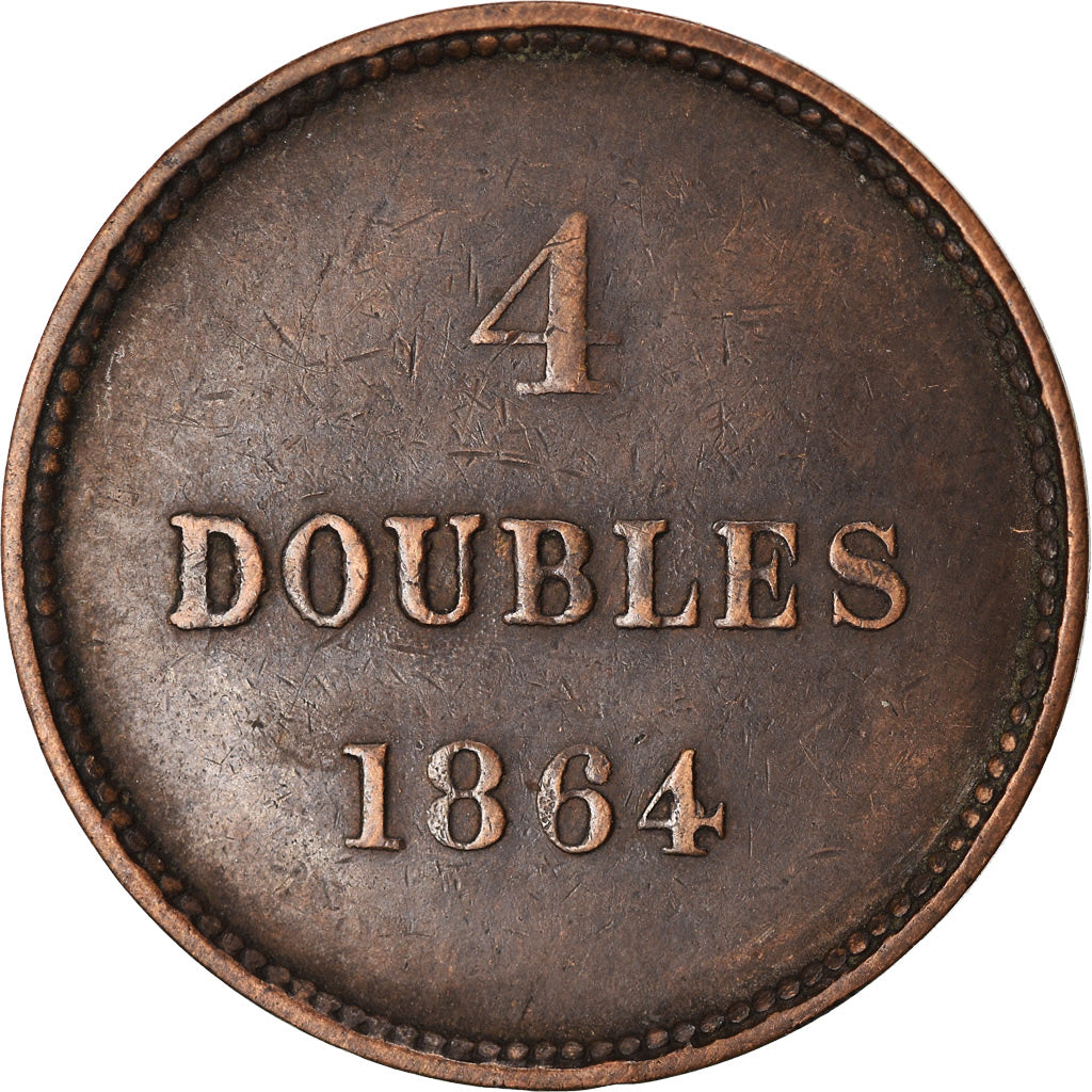 Coin, Guernsey, 4 Doubles, 1864, Heaton, Birmingham, EF(40-45), Bronze, KM:5