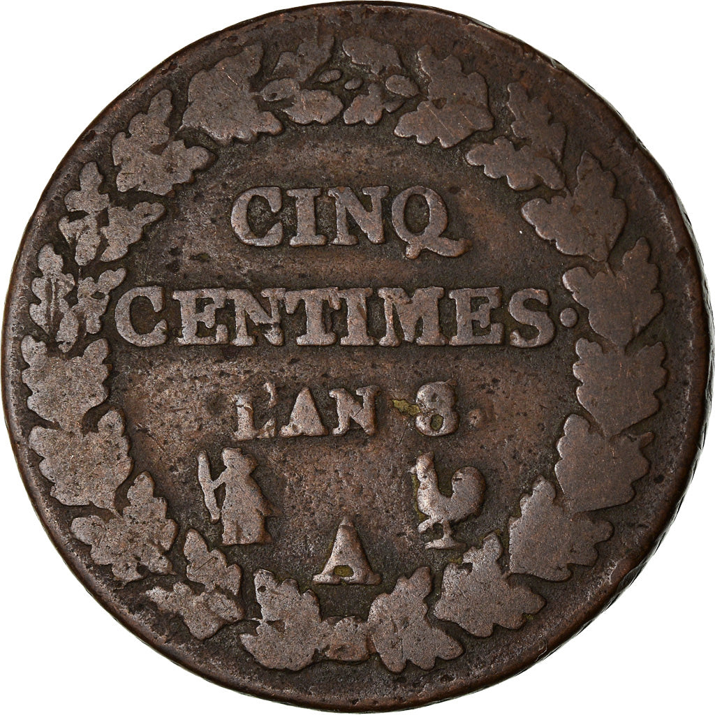 Münze, Frankreich, Dupré, 5 Centimes, AN 8, Paris, SGE+, Bronze, Gadoury:126a
