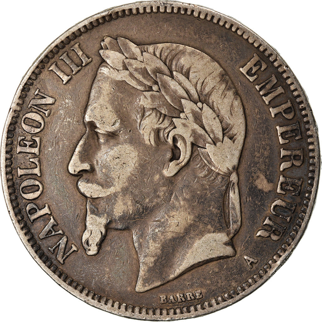 Moneda, Francia, Napoleon III, Napoléon III, 5 Francs, 1870, Paris, BC+, Plata