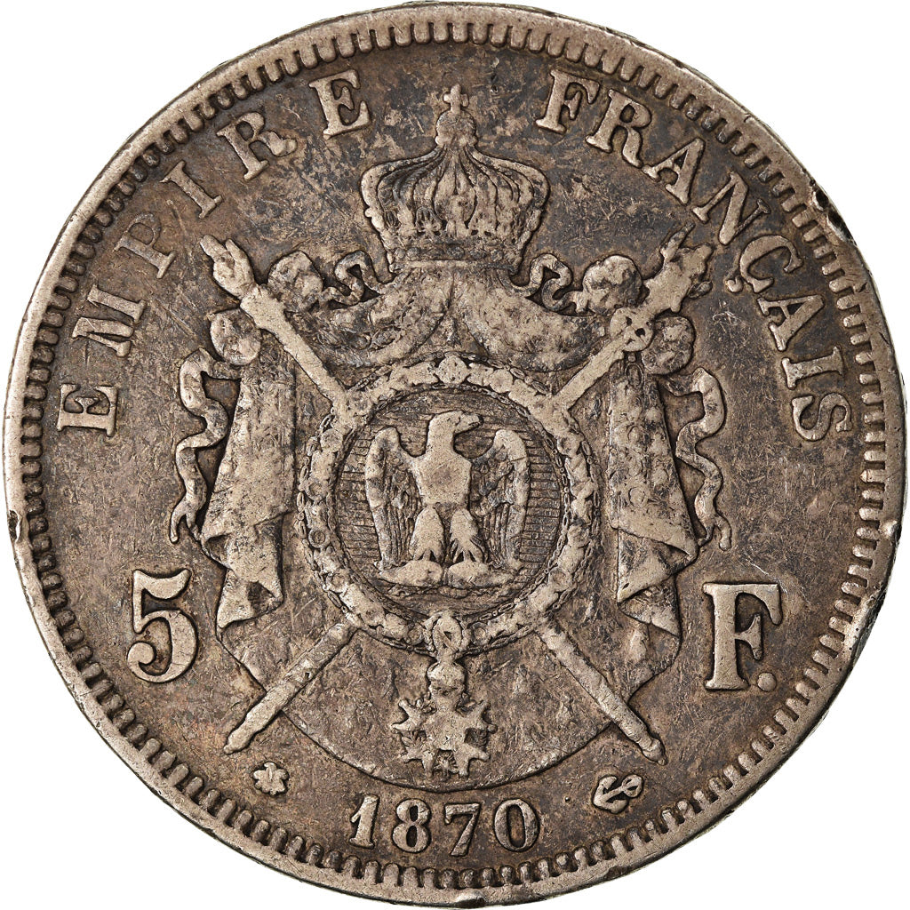 Moneda, Francia, Napoleon III, Napoléon III, 5 Francs, 1870, Paris, BC+, Plata