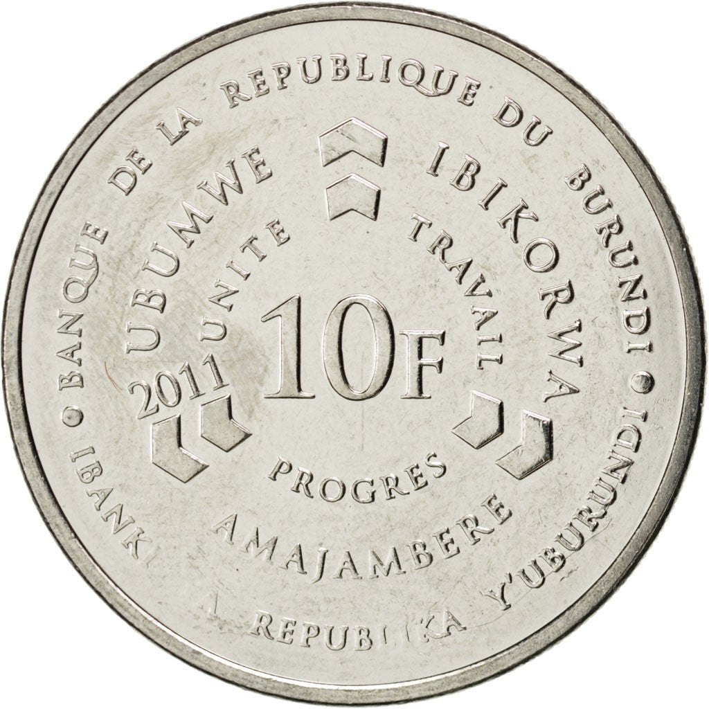 BURUNDI, 10 Francs, 2011, KM #21, MS(63), Nickel Plated Steel, 6.13