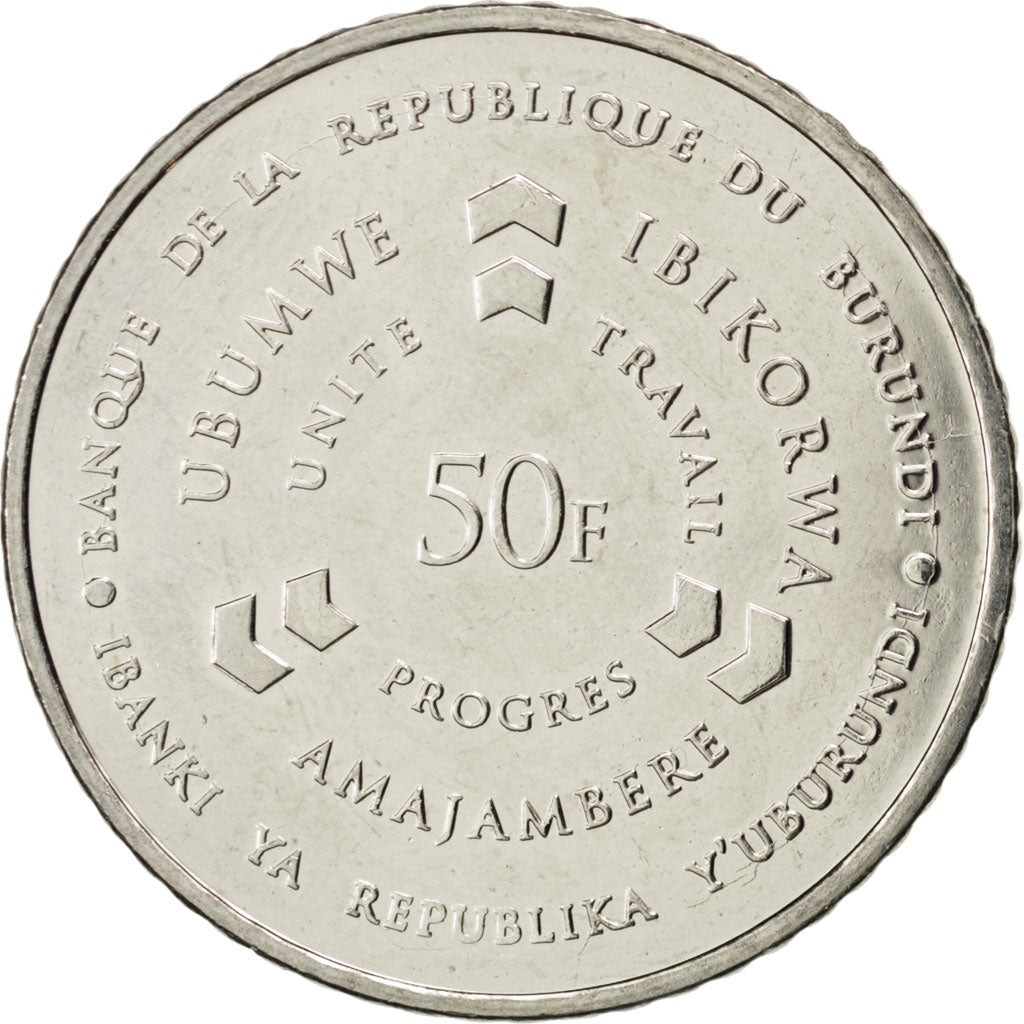 BURUNDI, 50 Francs, 2011, KM #22, MS(63), Nickel Plated Steel, 7.37