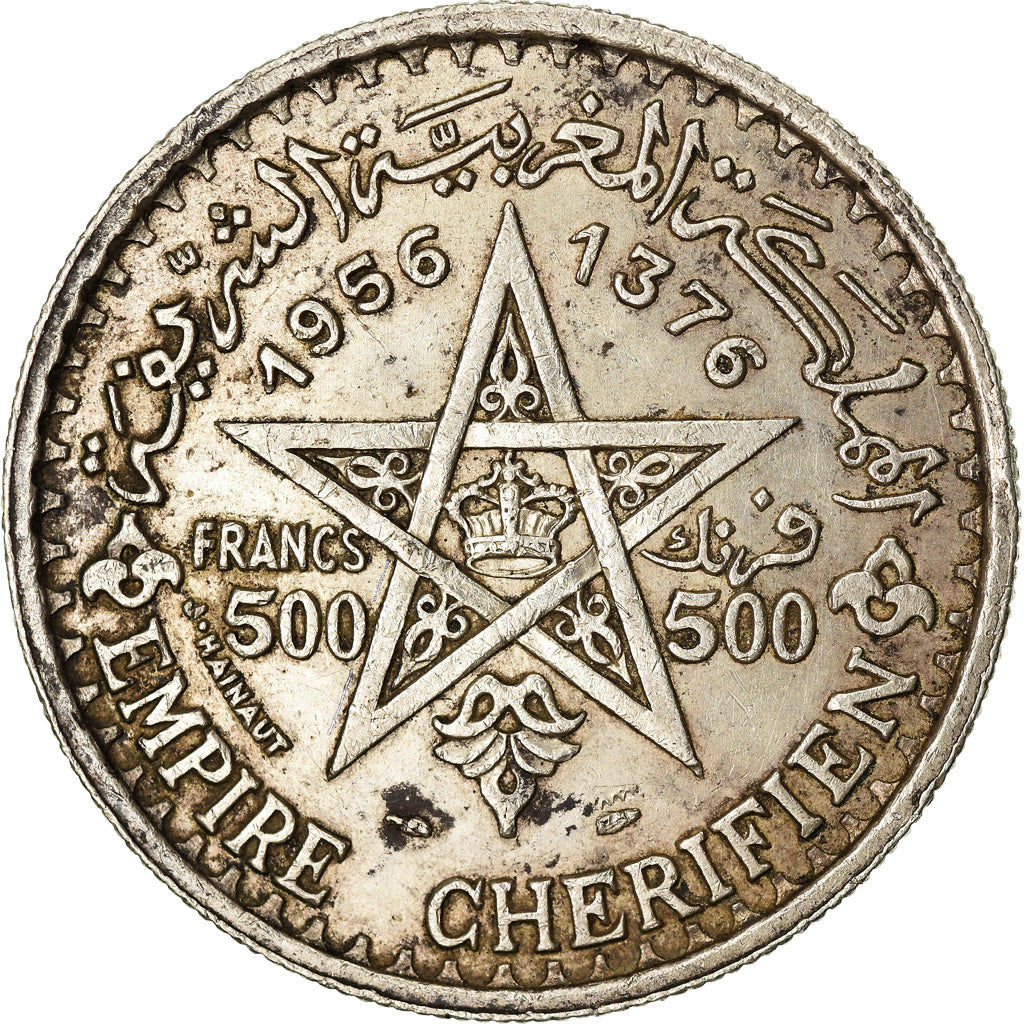 Moneta, Marocco, Mohammed V, 500 Francs, 1956/AH1376, Paris, BB, Argento, KM:54