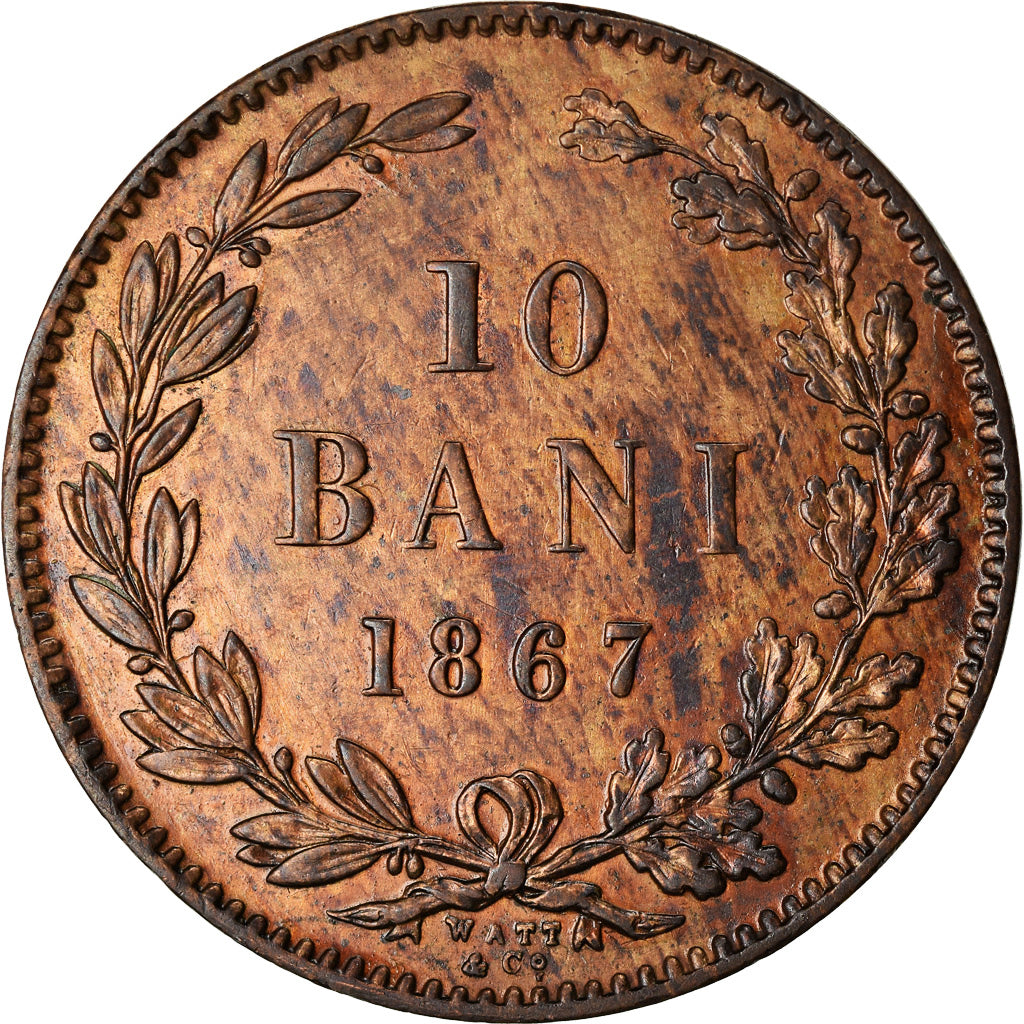 Moneta, Romania, Carol I, 10 Bani, 1867, BB+, Rame, KM:4.1