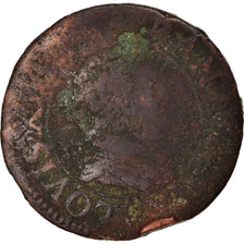 Coin, France, Louis XIII, Double Tournois, 1628, Lyon, VG(8-10), Copper