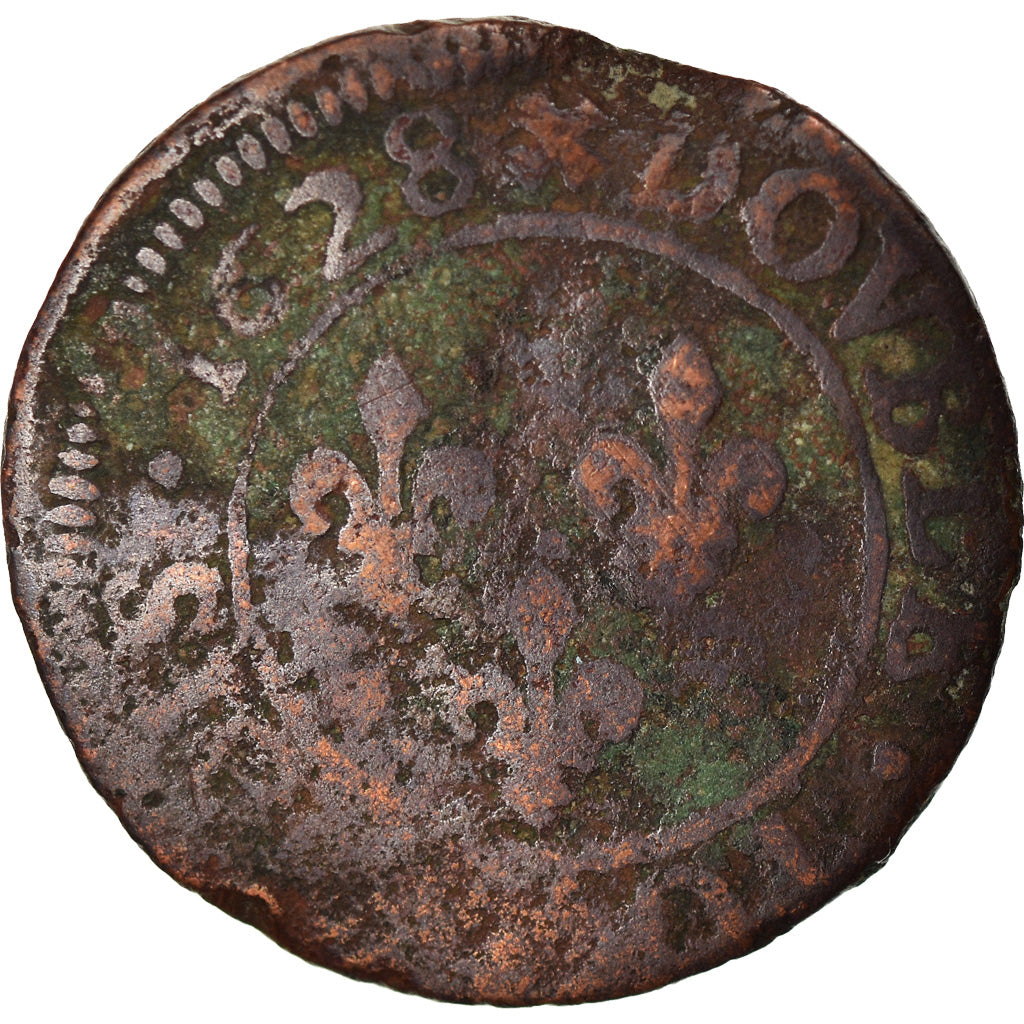 Monnaie, France, Louis XIII, Double Tournois, 1628, Lyon, B, Cuivre, CGKL:348