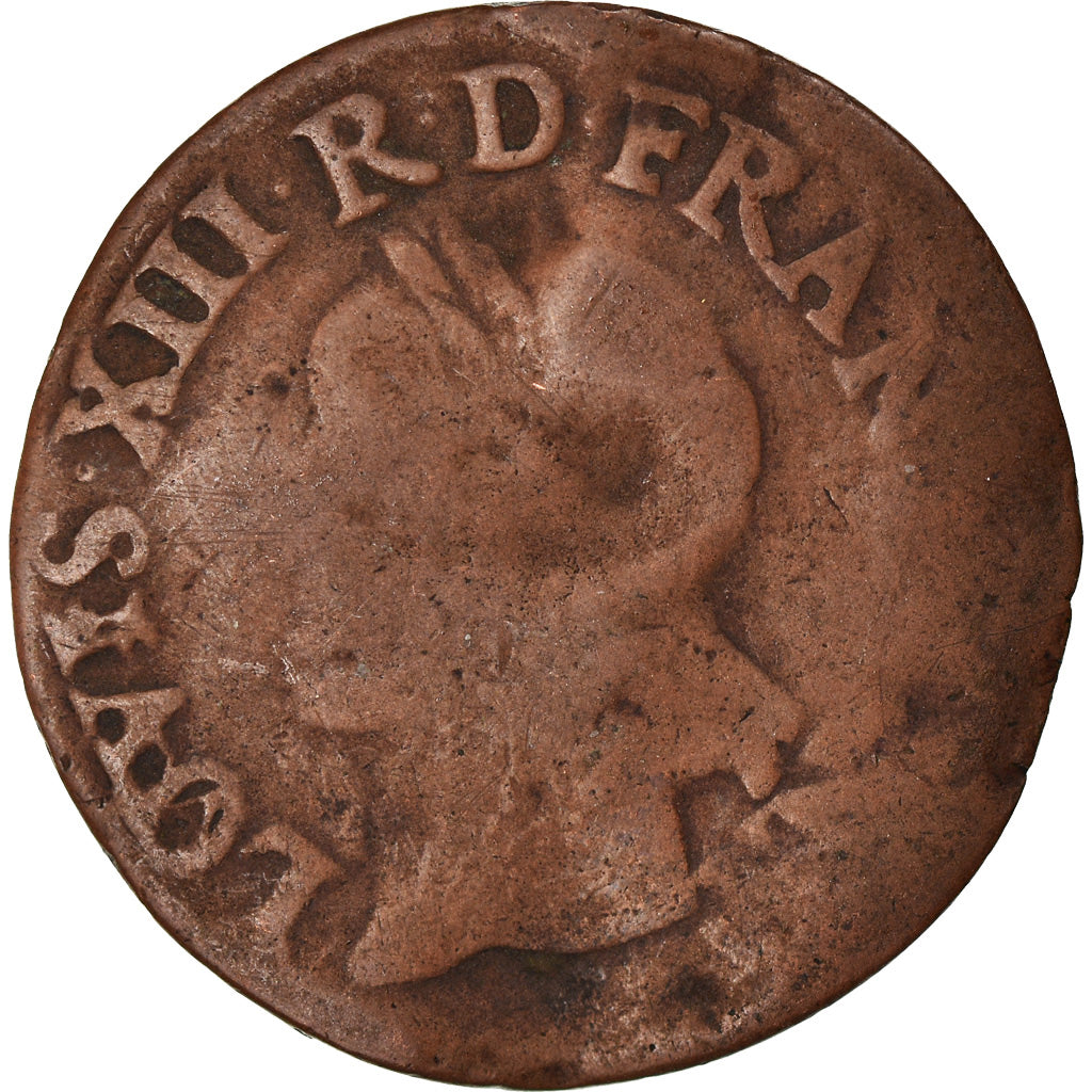 Monnaie, France, Louis XIII, Double Tournois, 1642, B+, Cuivre