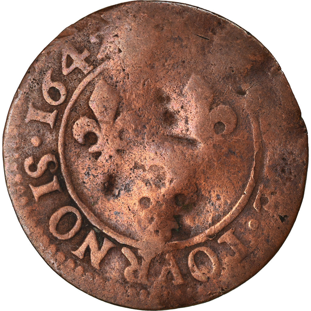 Monnaie, France, Louis XIII, Double Tournois, 1642, B+, Cuivre