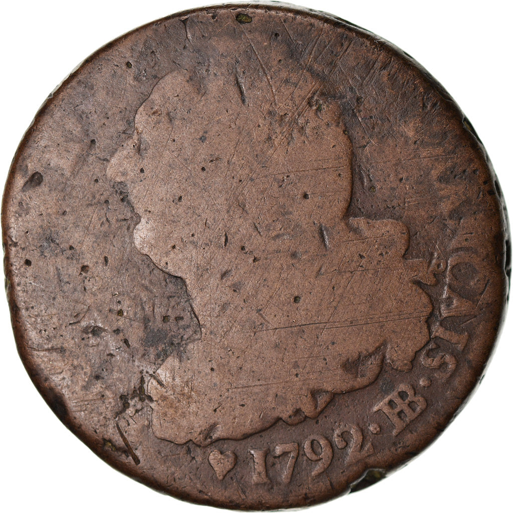 Coin, France, Louis XVI, 2 Sols, 1792, Strasbourg, F(12-15), Bronze, Gadoury:24