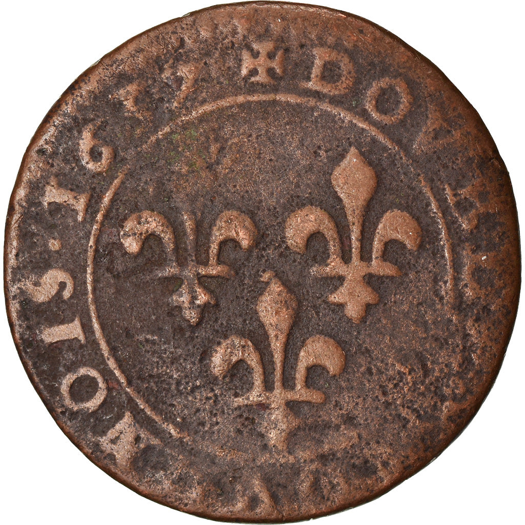 Monnaie, France, Louis XIII, Double Tournois, 1637, TB+, Cuivre