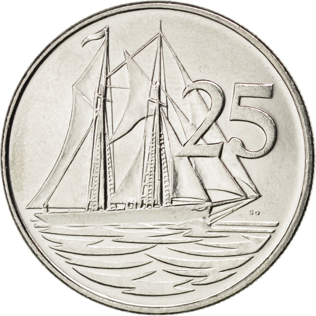 CAYMAN ISLANDS, 25 Cents, 2002, British Royal Mint, KM #134, MS(63), Nickel...