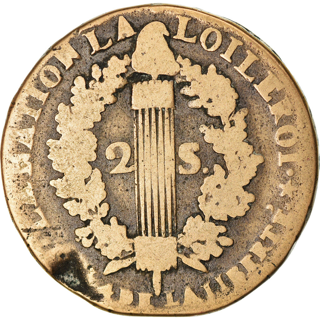 Coin, France, Louis XVI, 2 Sols, 1792/1, Orléans, F(12-15), Bronze, Gadoury:25