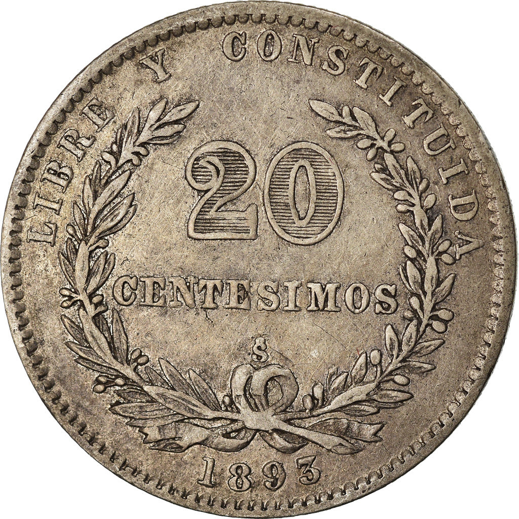 Coin, Uruguay, 20 Centesimos, 1893, Uruguay Mint, Santiago, EF(40-45), Silver
