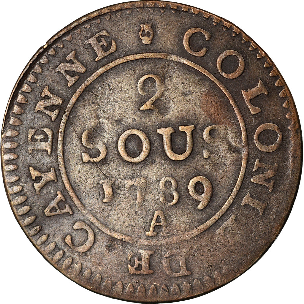 Münze, FRENCH GUIANA, Louis XVI, 2 Sous, 1789, Paris, S+, Billon, KM:1