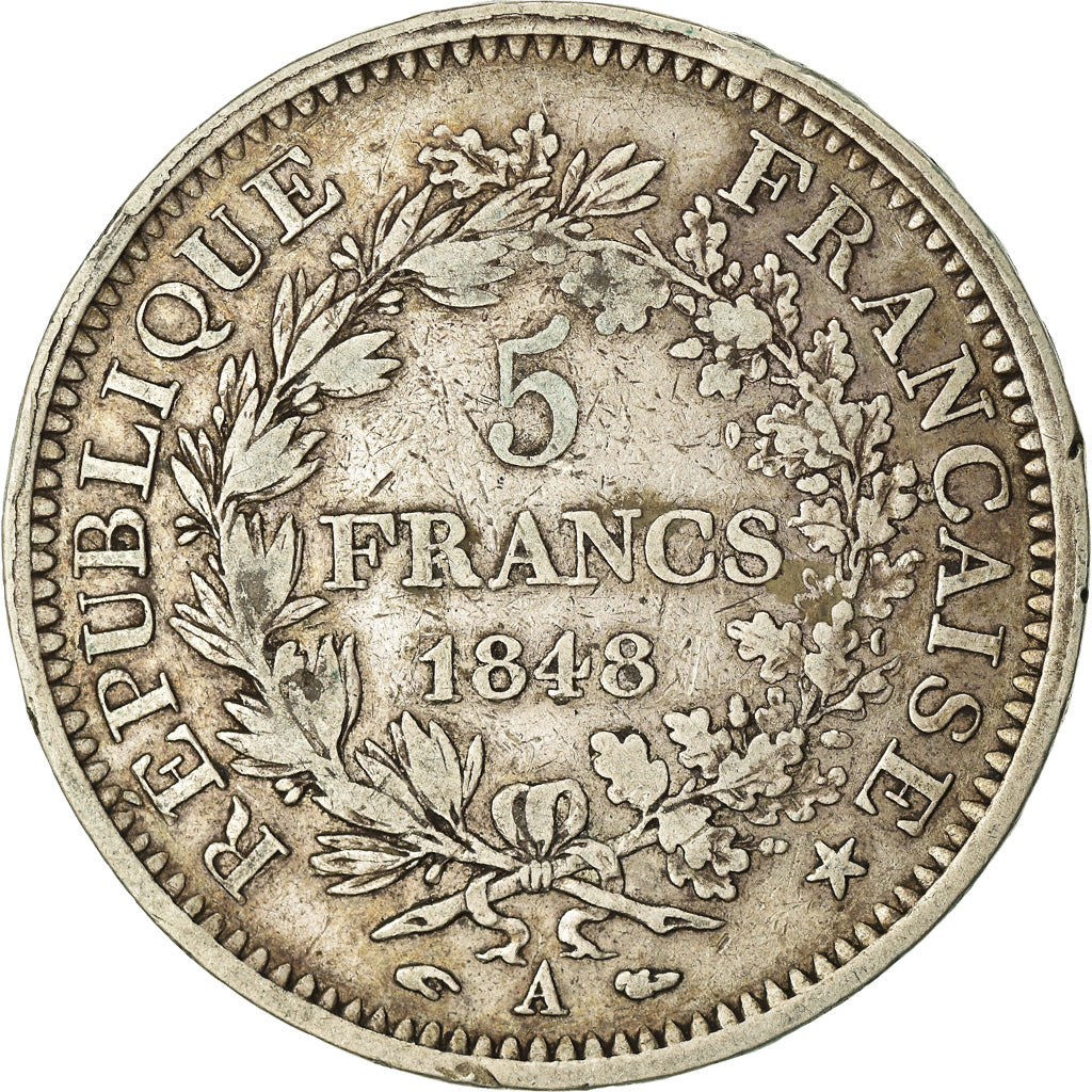 Moneda, Francia, Hercule, 5 Francs, 1848, Paris, BC+, Plata, KM:756.1