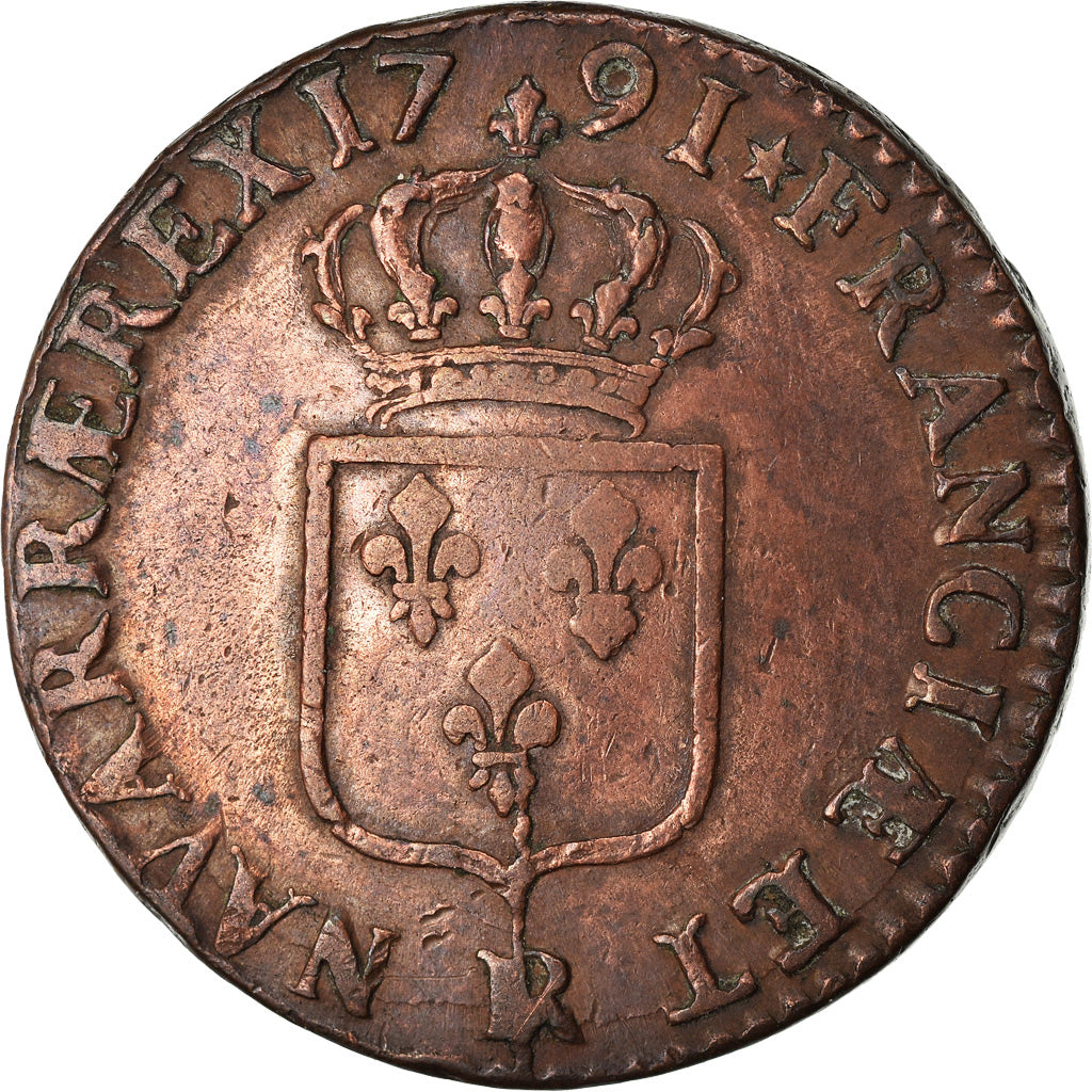 Münze, Frankreich, Louis XVI, Sol ou sou, Sol, 1791, Orléans, SS, Kupfer