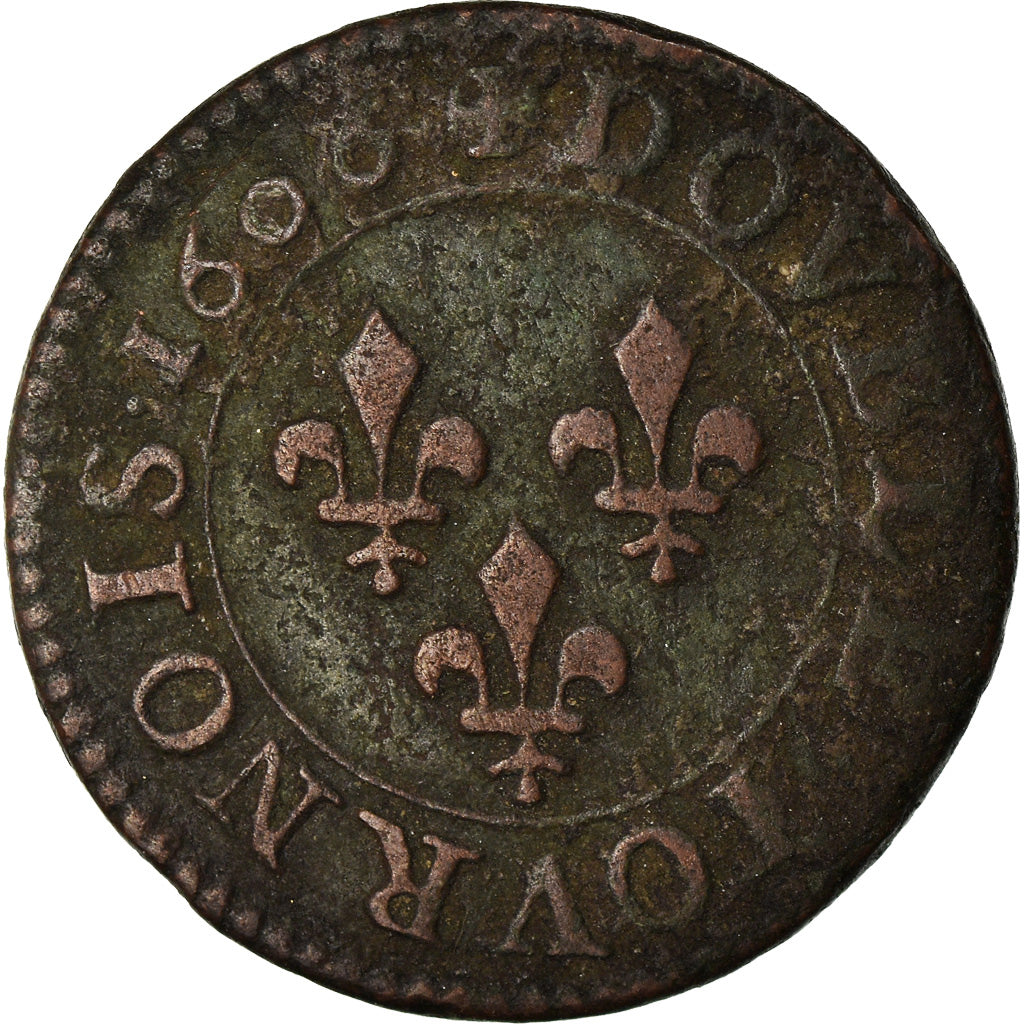 Moneda, Francia, Henri IV, Double Tournois, 1606, Paris, BC+, Cobre, CGKL:222