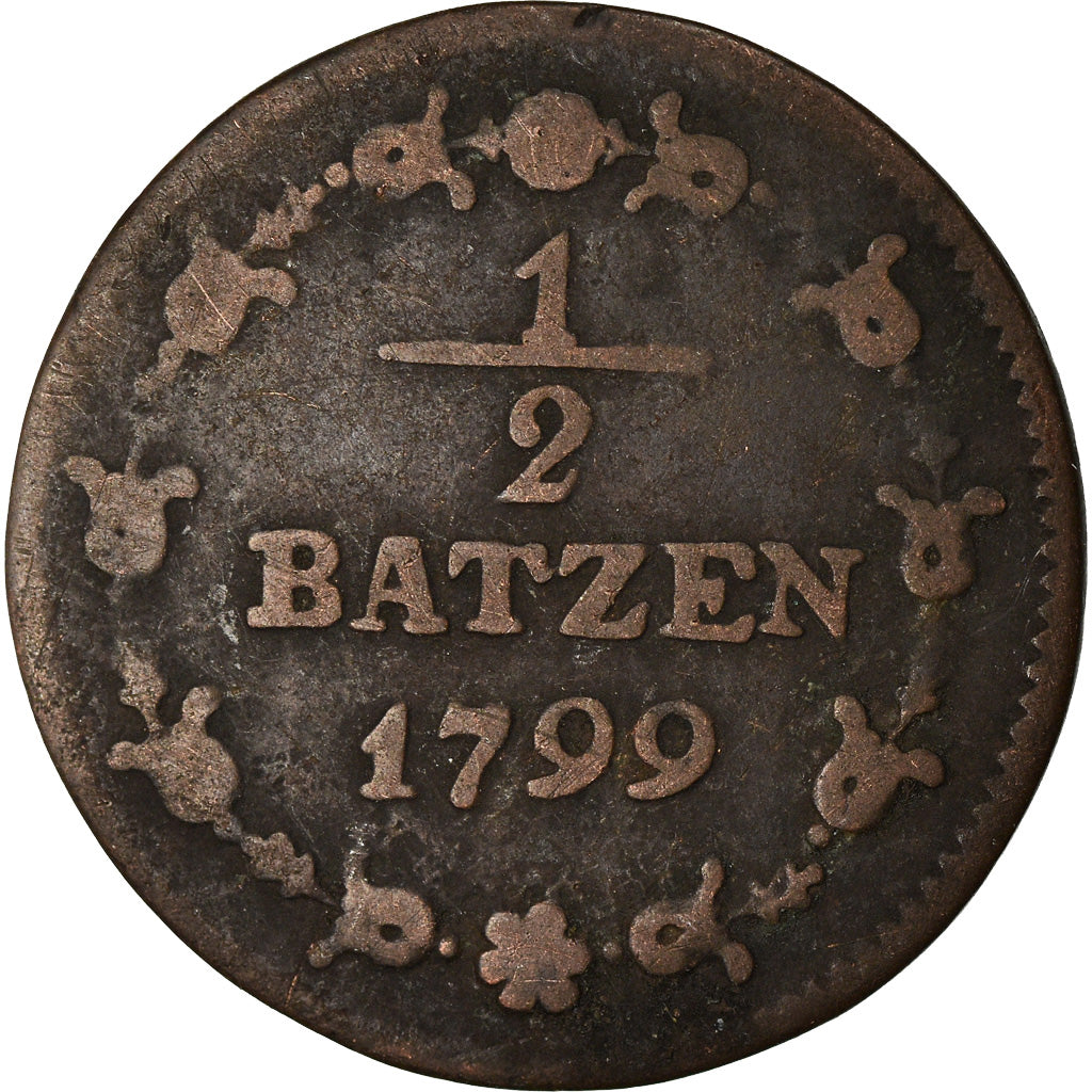 Coin, Switzerland, 1/2 Batzen, 1799, VF(20-25), Billon, KM:A6