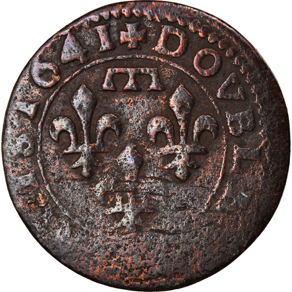Moneda, Francia, Gaston d'Orléans, Double Tournois, 1641, Trévoux, BC+, Cobre