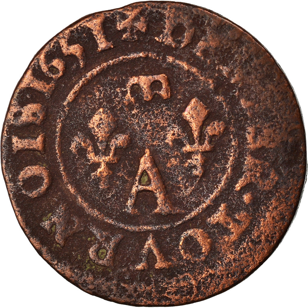 Moneta, Francja, DOMBES, Gaston d'Orléans, Denier Tournois, 1651, Trévoux