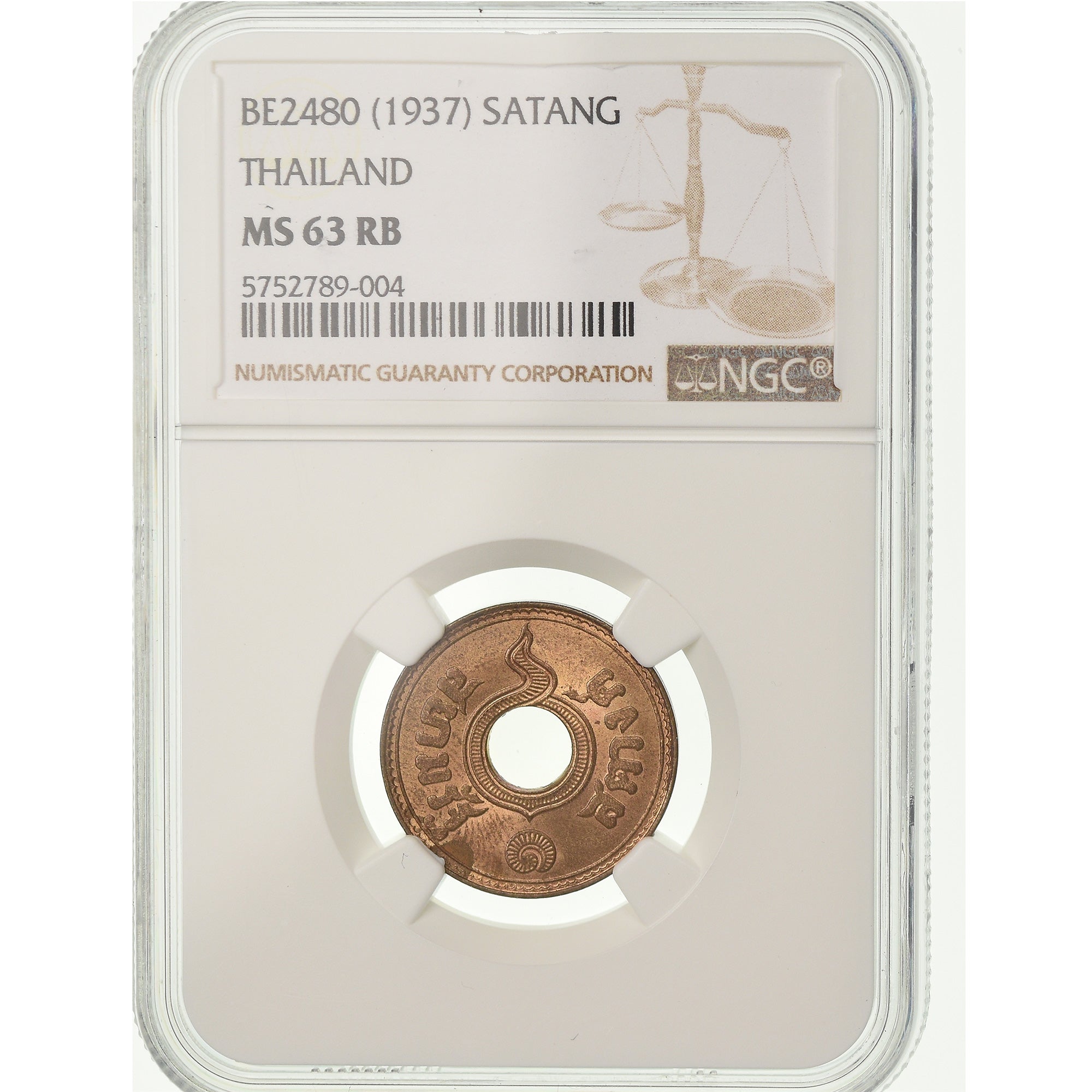Monnaie, Thaïlande, Rama VI, Satang, 1937, NGC, MS63RB, SPL, Bronze, KM:35