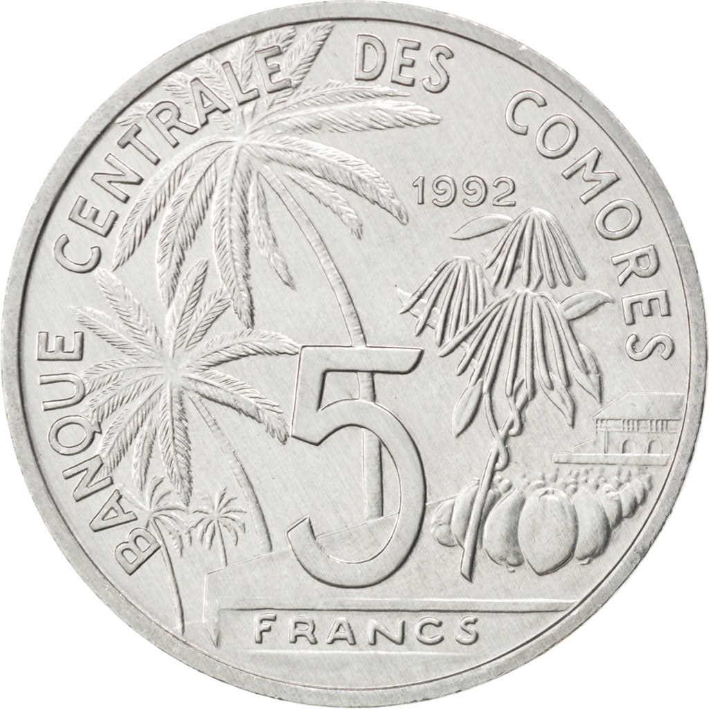 Coin, Comoros, 5 Francs, 1992, MS(63), Aluminum, KM:15