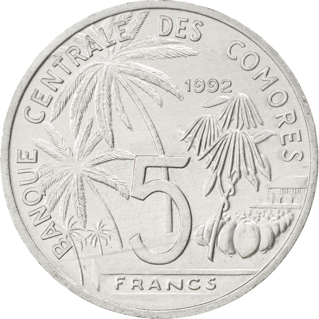 COMOROS, 5 Francs, 1992, Paris, KM #15, MS(63), Aluminum, 31, 3.79