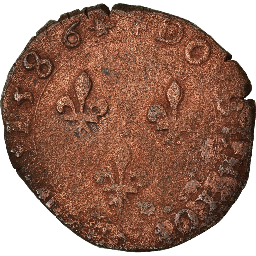 Moneda, Francia, Henri III, Double Tournois, 1586, La Rochelle, BC+, Cobre