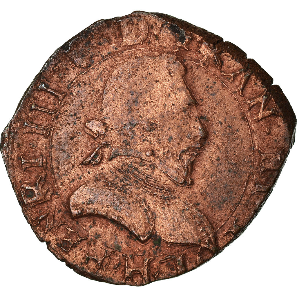 Moeda, França, Henri III, Double Tournois, 1586, La Rochelle, VF(30-35), Cobre