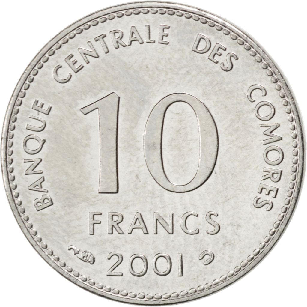 COMOROS, 10 Francs, 2001, Paris, KM #19, MS(63), Steel, 17, 2.40