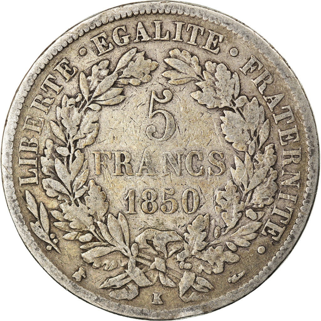 Moneda, Francia, Cérès, 5 Francs, 1850, Bordeaux, BC+, Plata, KM:761.3