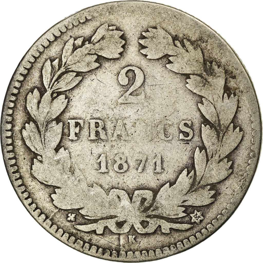 Moneta, Francia, Cérès, 2 Francs, 1871, Bordeaux, B+, Argento, KM:816.2