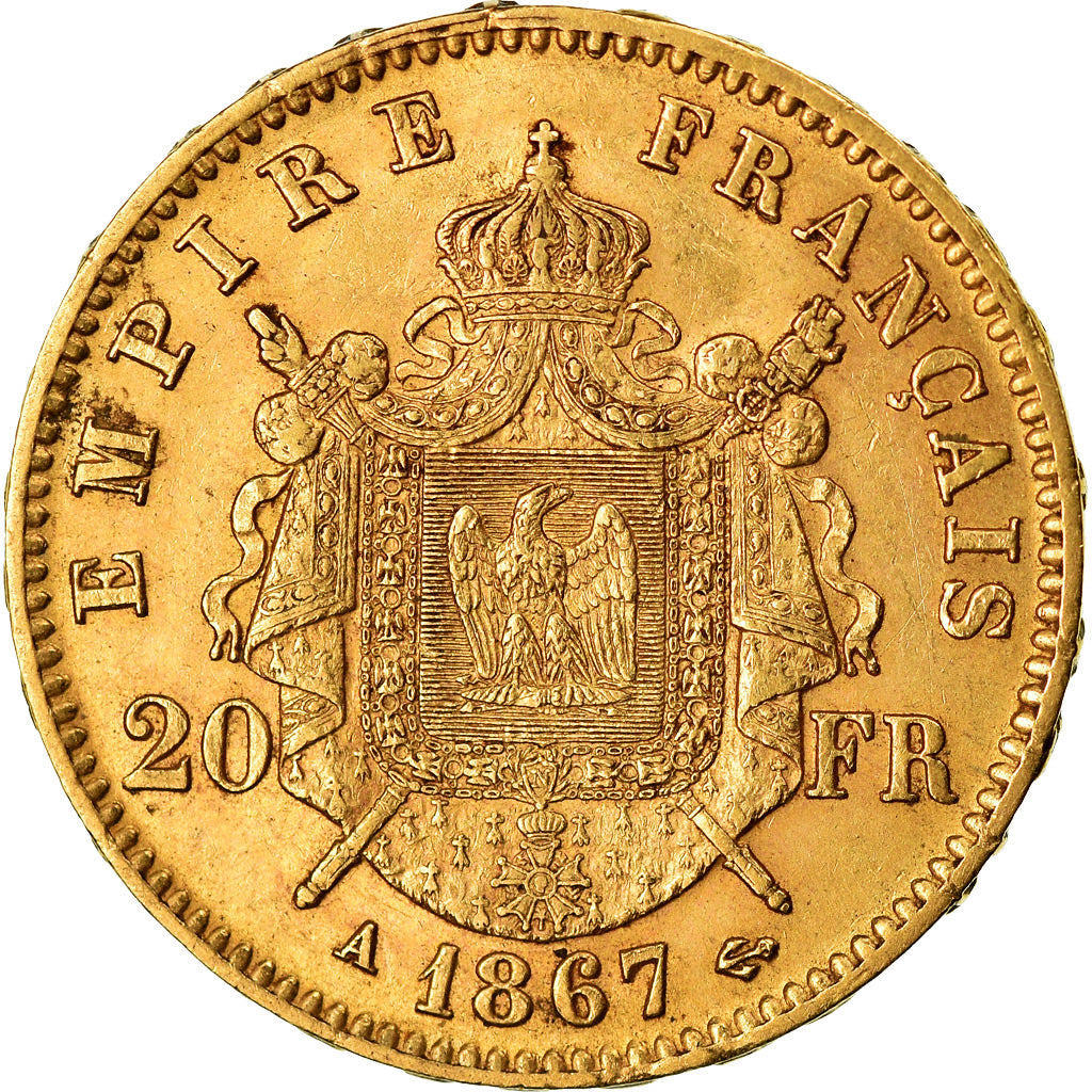 Moneta, Francia, Napoleon III, Napoléon III, 20 Francs, 1867, Paris, BB+, Oro