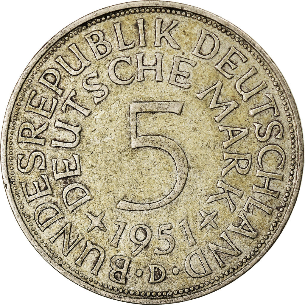 Coin, GERMANY - FEDERAL REPUBLIC, 5 Mark, 1951, Munich, EF(40-45), Silver