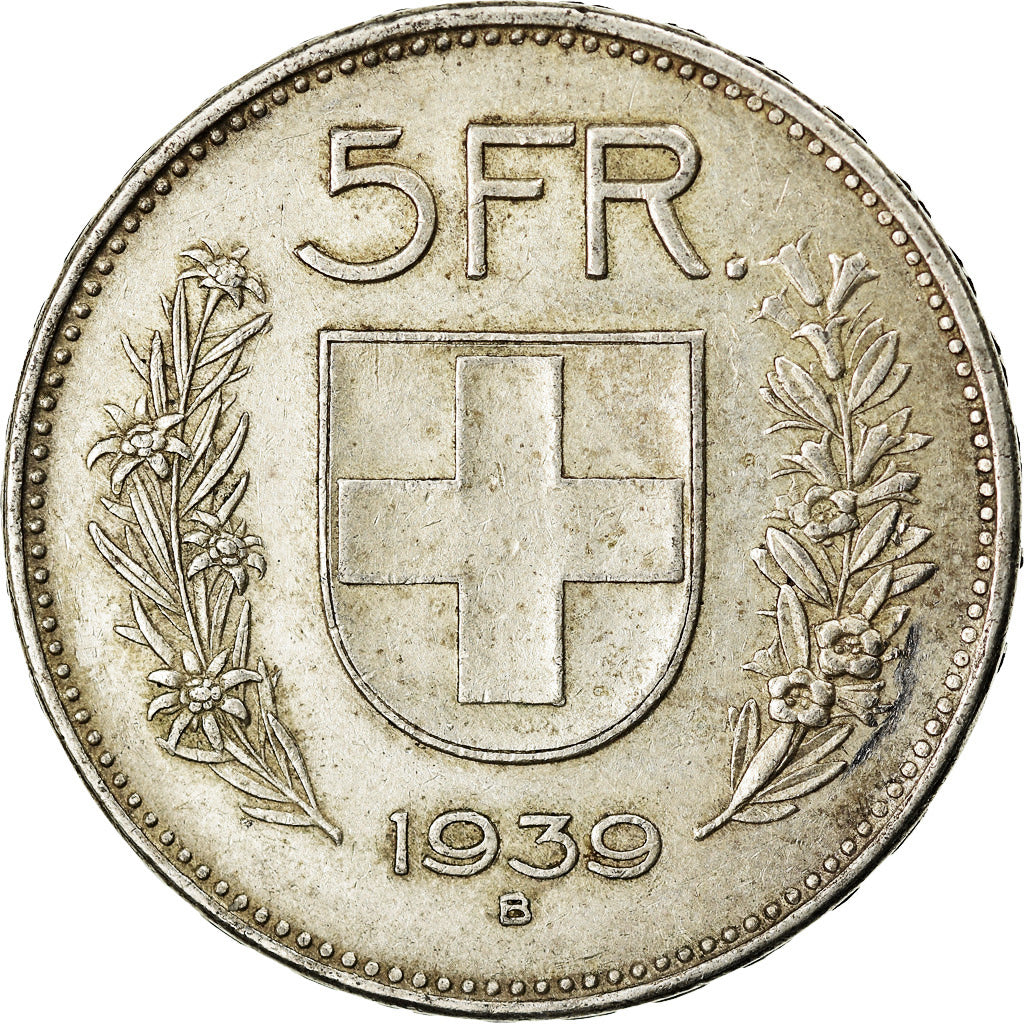 Coin, Switzerland, 5 Francs, 1939, Bern, AU(50-53), Silver, KM:40