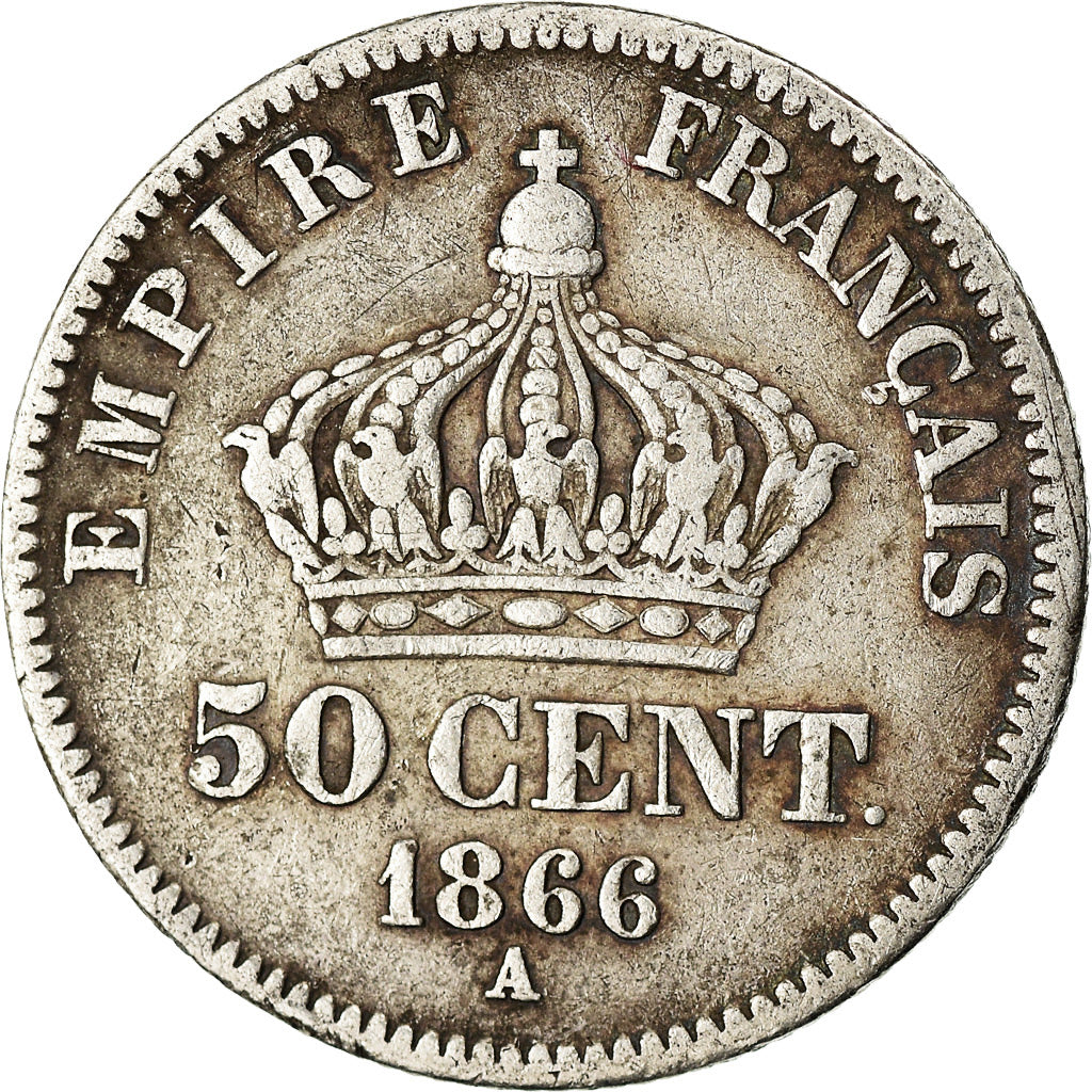 Moneda, Francia, Napoleon III, 50 Centimes, 1866, Paris, BC+, Plata, KM:814.1