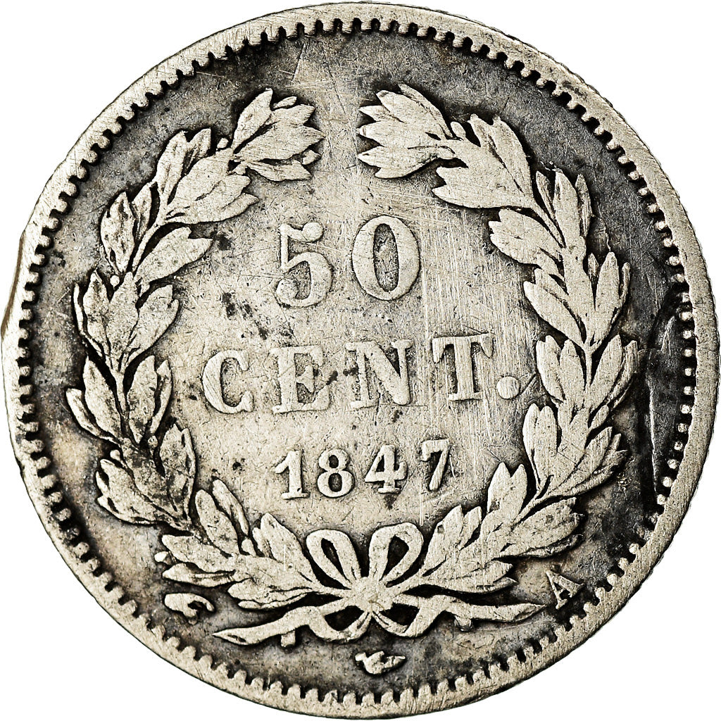 Moneda, Francia, Louis-Philippe, 50 Centimes, 1847, Paris, BC+, Plata, KM:768.1