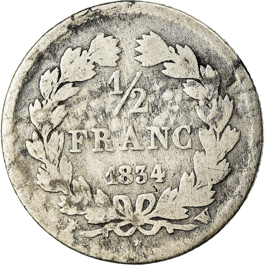 Moneta, Francia, Louis-Philippe, 1/2 Franc, 1834, Lille, B, Argento, KM:741.13
