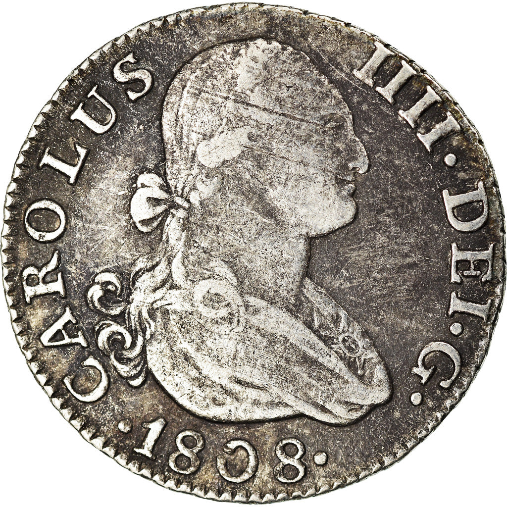 Moneta, Spagna, Charles IV, 2 Reales, 1808, Madrid, MB, Argento, KM:430.1